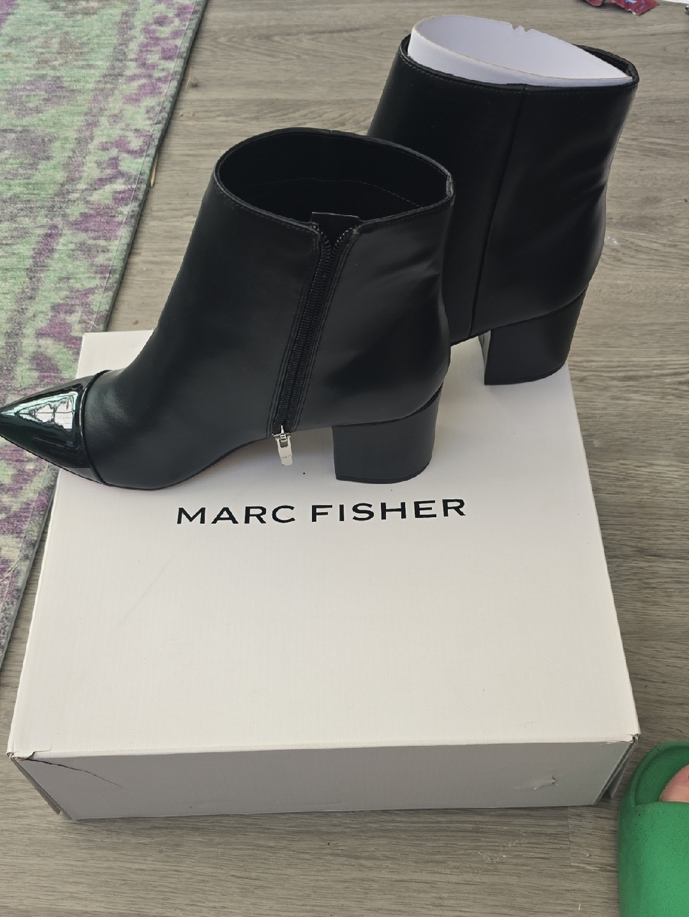 Marc Fisher Black Leather Pointed-Toe Ankle Boots with Patent Toe Brand New